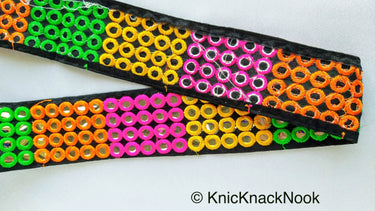 Black / Beige Fabric Mirrored Trim With Green, Orange, Yellow And Pink Embroidery With Mirrors
